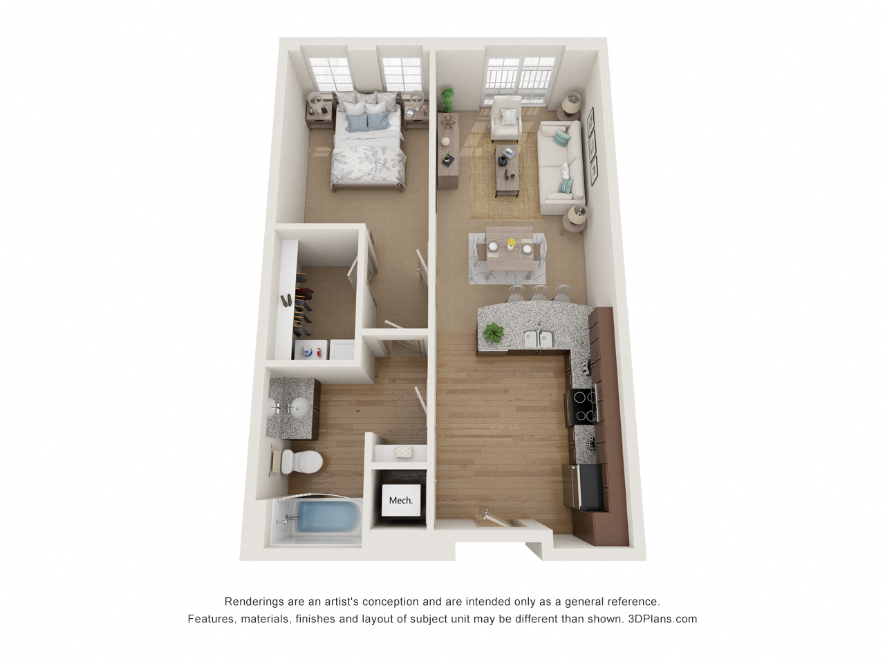 Floor plan for 1 bed, 1 bath, 765 sqft